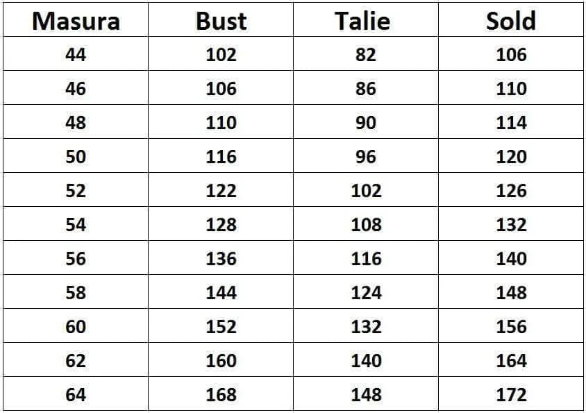 tabel marimi haine dama